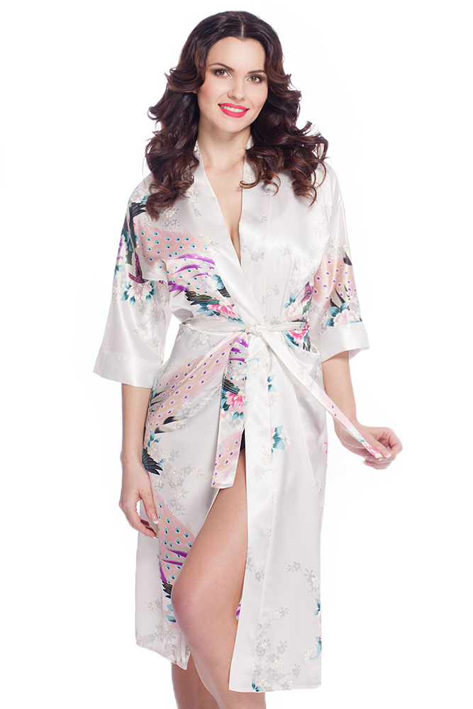 Damen Morgenmantel Kimono aus Satin mit Muster weiß lang ...