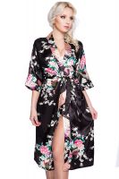 Damen Morgenmantel Kimono aus Satin mit Muster schwarz lang - VA21